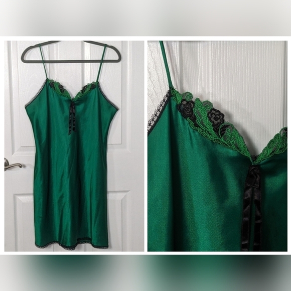 Vintage 80s Undercover Wear Deep Green Floral Lace Satin Slip‎ Dress Size M - Picture 1 of 9